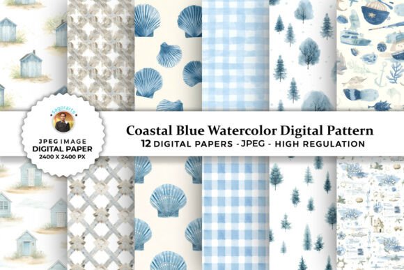 Download Coastal Blue Watercolor Digital Patterns - Digital patterns Collection